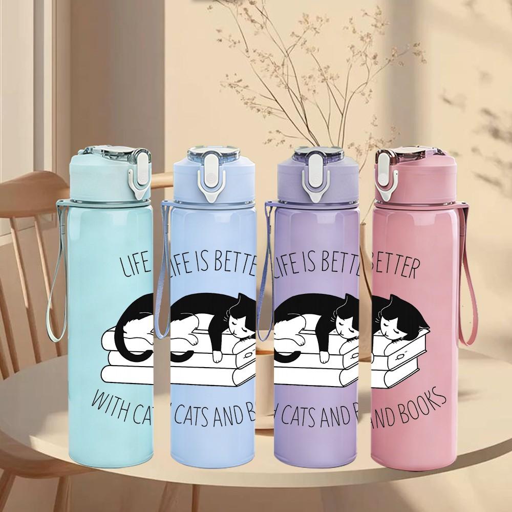 1PC Life Is Better With Cats And Books 750ml Color Plastic Sports Water Bottle Leakproof Flip Straw Lid Suitable for Sports Office Home Use