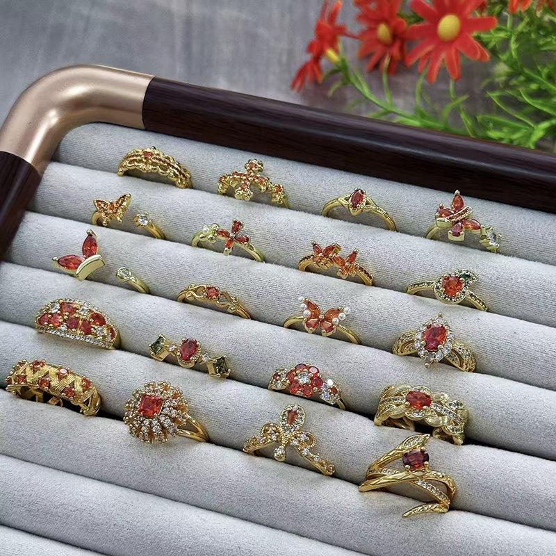 Medieval Vintage Orange Red Zircon Inlaid Simple Open Ring Female Retro Flower Temperament Niche Index Finger Ring