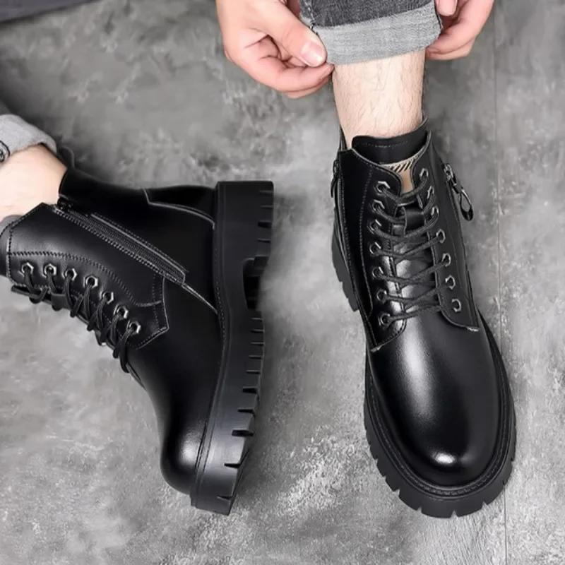 Pánské boty z pravé kůže s tlustou podrážkou, protiskluzové, odolné proti opotřebení, tlumící nárazy, kotníkové boty, pánská obuv, Botas Para Hombre