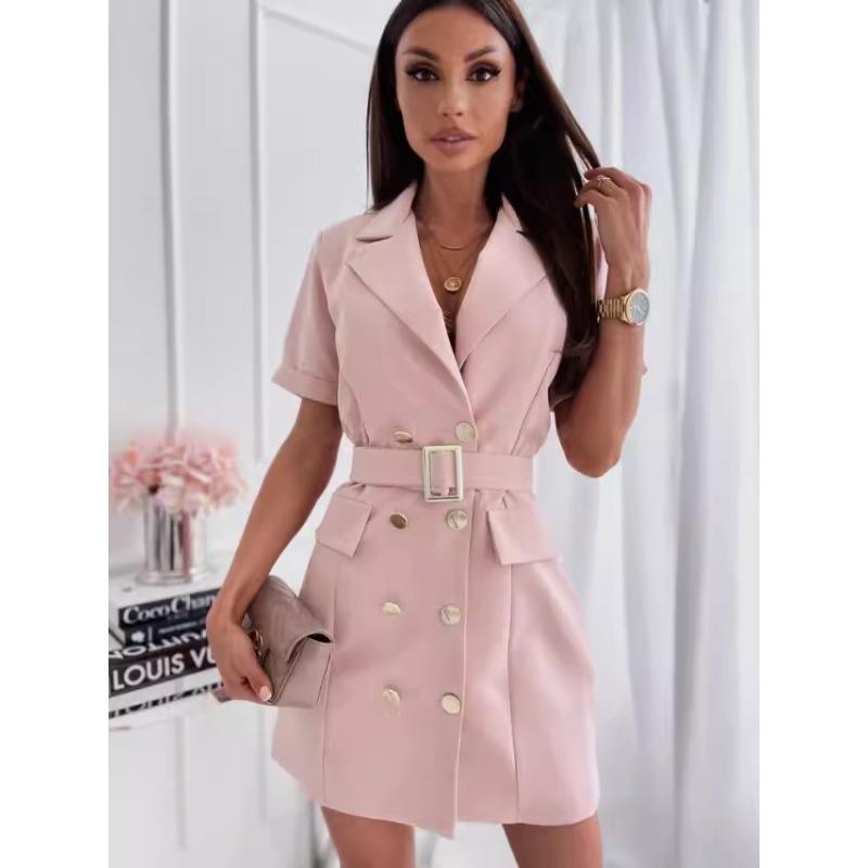New, Summer Fashion Waist Double-breasted Short-sleeved Suit Collar Dress Women's Clothing