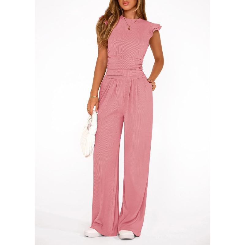 GMXIA Women's Fashion Casual Summer Spring Short Sleeve O-Neck Pants Suits