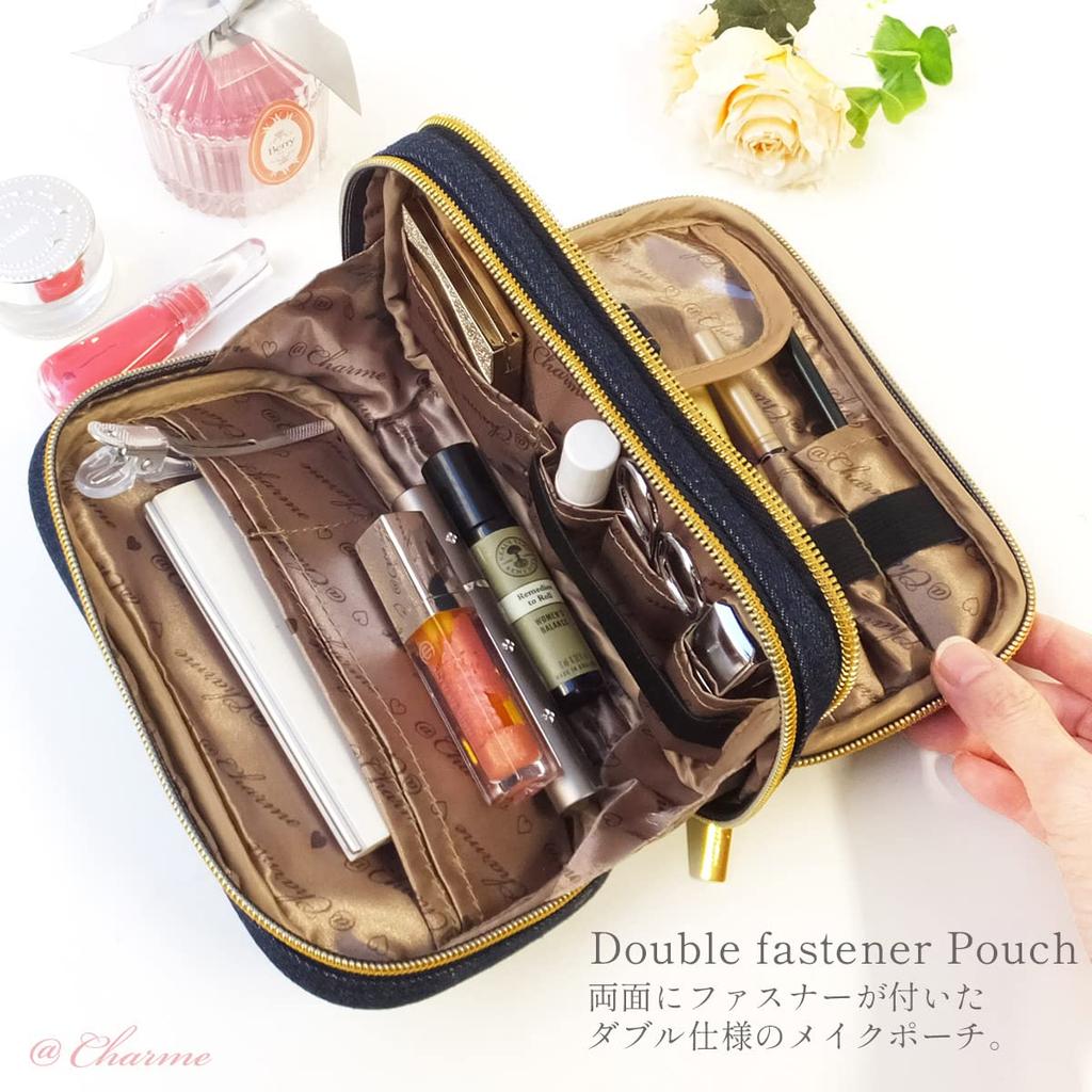 AtFirst Makeup Large Navy AF8321 Pouch, Capacity, Double-Layered, Denim,