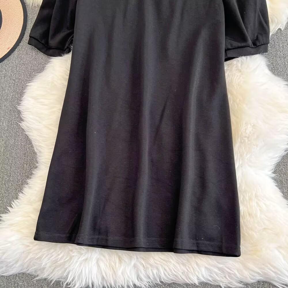 Summer Women Luxury Beading Pearl Black Half Sleeve Mini Short Straight Casual Dresses