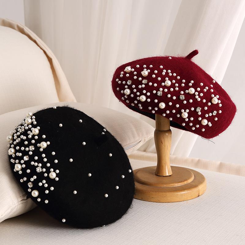 Temperament Pearl Water Diamond Beret Women's Autumn/Winter British Retro Korean Japanese Painter's Hat