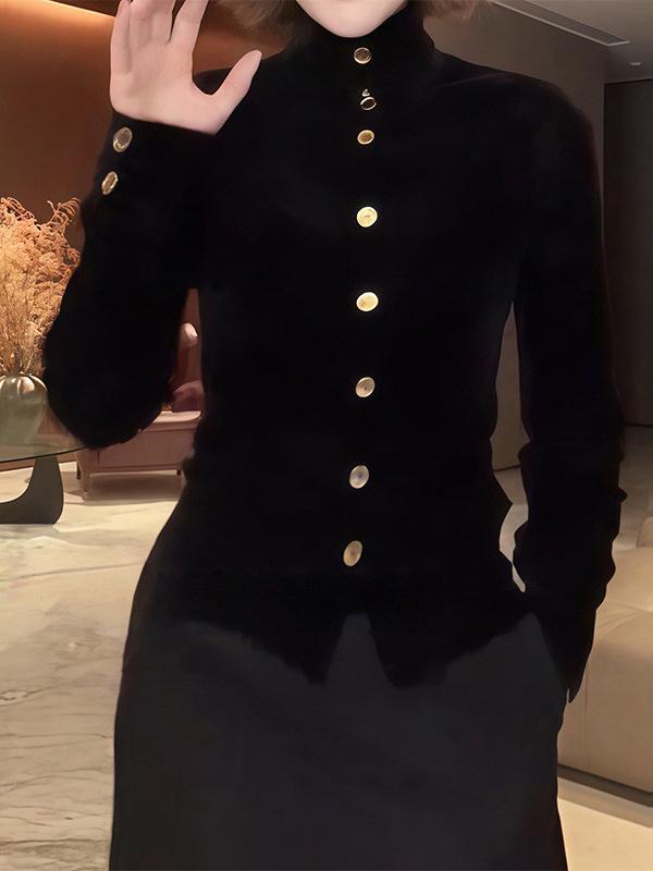 Women's Designer Velvet Long-Sleeve Top with Gold Buttons - Early Spring 2026 Collection