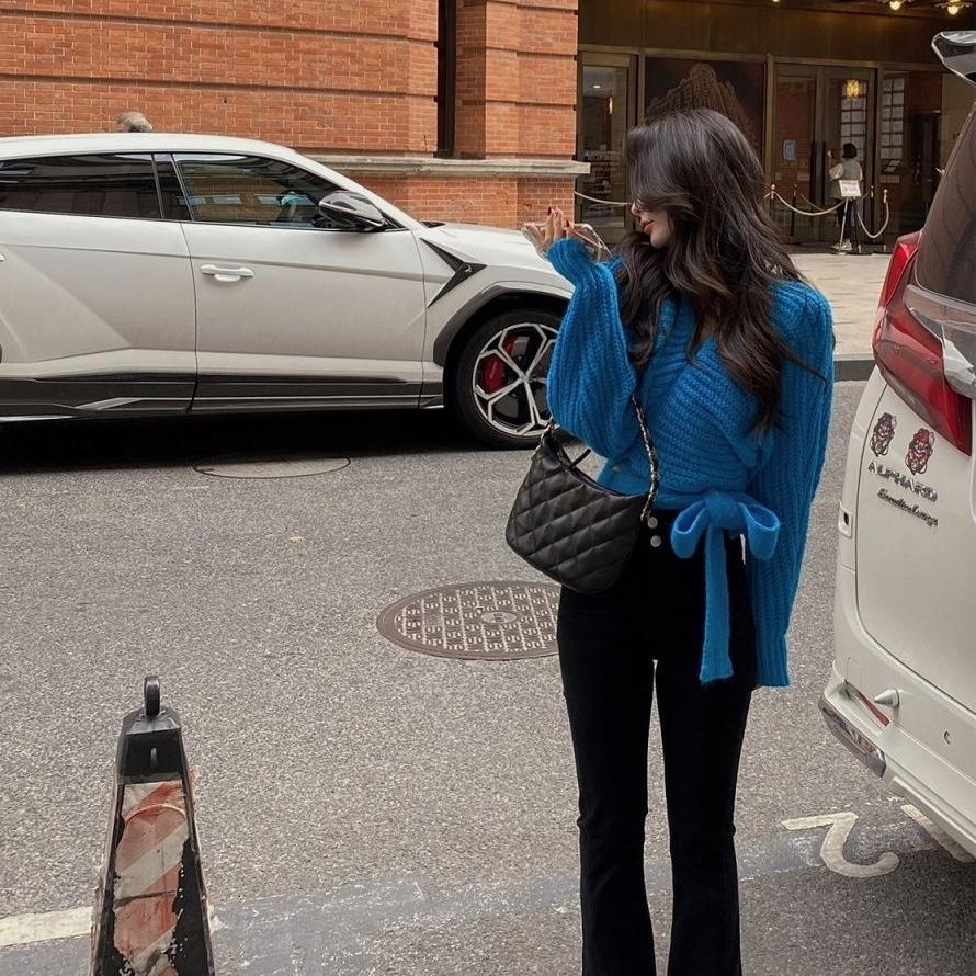 Koreanische Mode Strickjacke Pullover Frauen Herbst Vintage Spitze-up Unregelmäßigen V-ausschnitt Lose Langarm Sexy Abgeschnitten Pullover