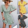 V Neck Print Flower Dress Waist Hugging Elegant Dress for Women Short Sleeve Loose Dresses Causal Dress