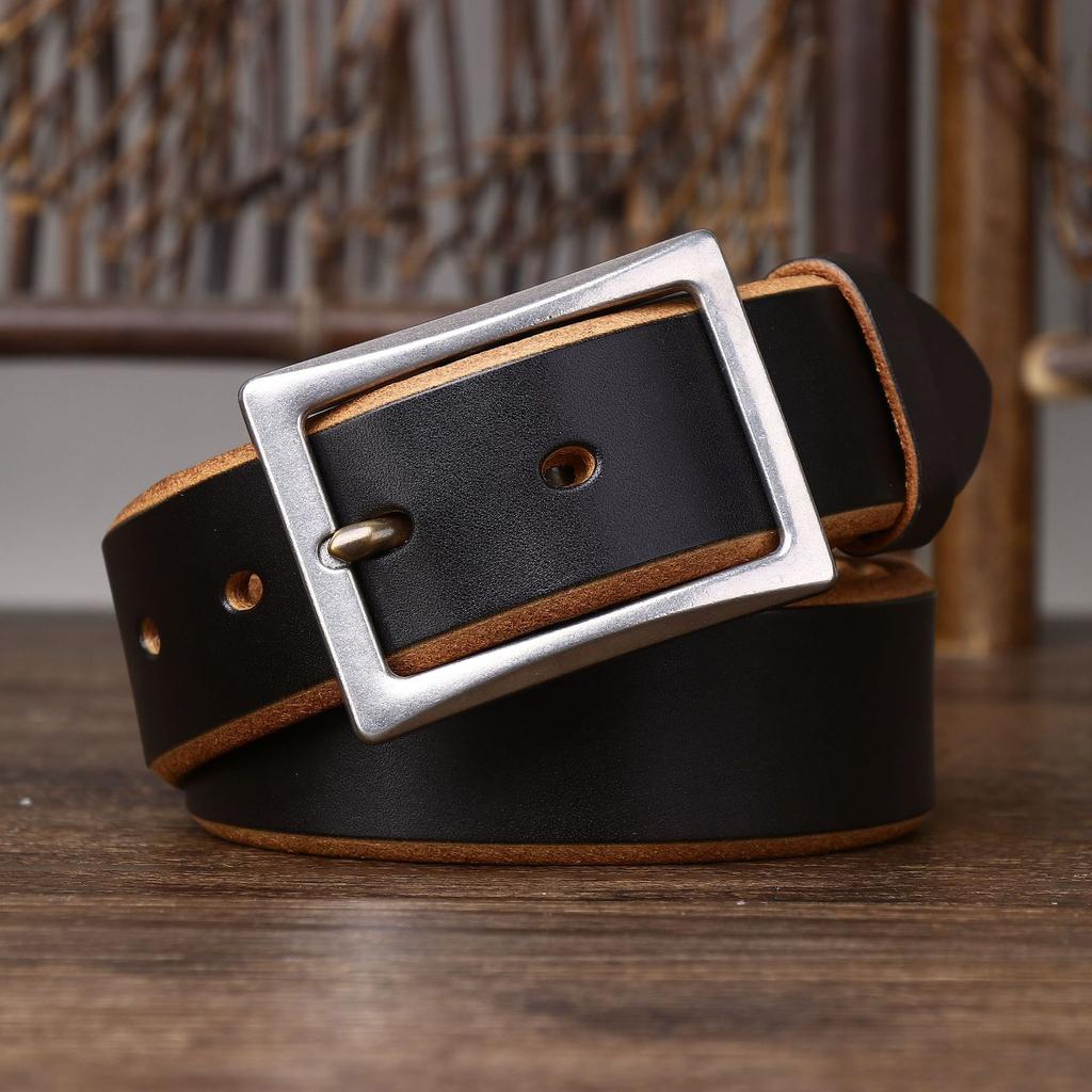 Belt Men's Stainless Steel Buckle Tea Core Leather Thickened First Layer Leather Simple All-Match Casual Jeans Belt Men's