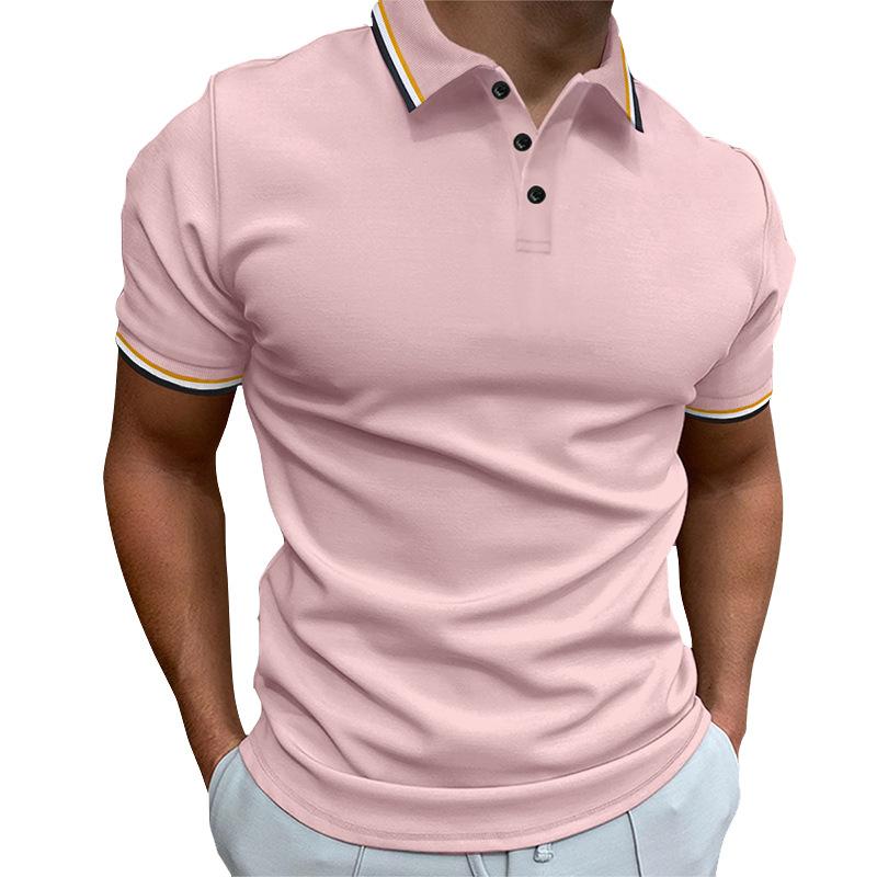 New Men's Slim POLO Shirt Ribbed Striped Lapel Buttons Solid Colour Splicing T-shirt Tops
