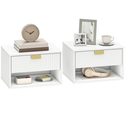 Set of 2 Wall Mounted Nightstands, Floating Bedside Tables with Fluted Drawer and Open Shelf for Small Bedroom, White
