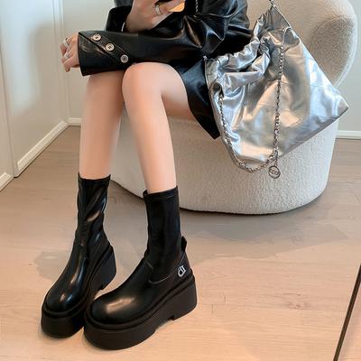 Rindslederversion dicksohlige erhöhende kleine elastische dünne Stiefel Spice Girl mittelhohe Stiefel dicksohlige kurze Stiefel Ritter lange Stiefel