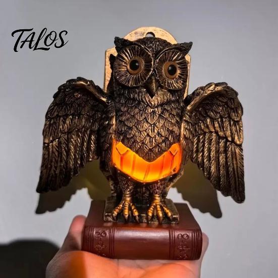 Resin Night Lamp Small Table Light with Golden Owl, Farmhouse Bedside Wooden Base for Living Room Bedroom Office, Retro Rustic Nightstand