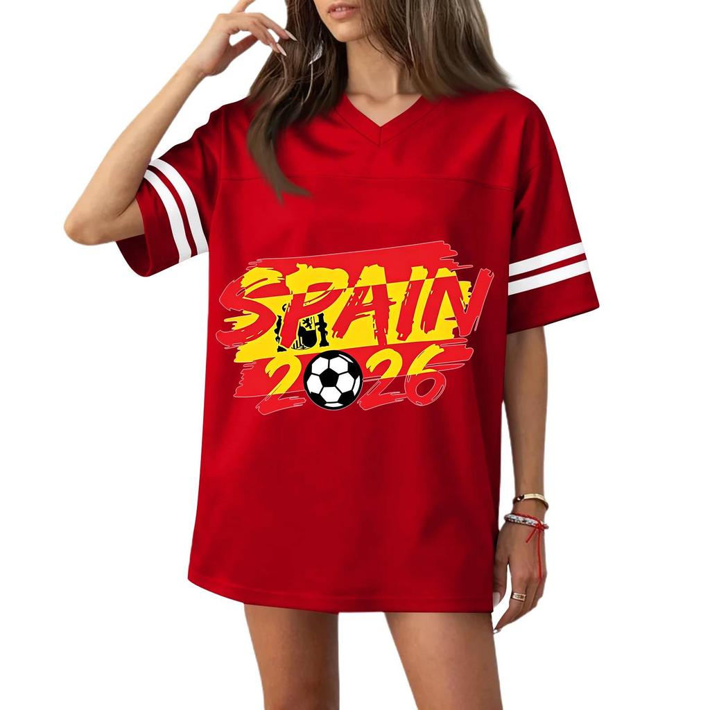 Women V Neck Short Sleeve Relaxed Fit Soccer Graphic Tee Top with 2026 Flag Print Casual Sportswear Jersey Style