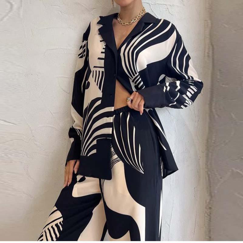 European & American Women's Graffiti Lapel Shirt and Long Sleeve Fashion Two-Piece Set