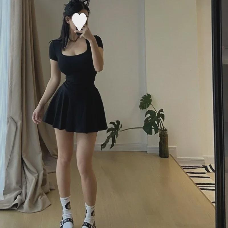 Summer 2025 Black Square Neck Short Skirt Dress for Girls