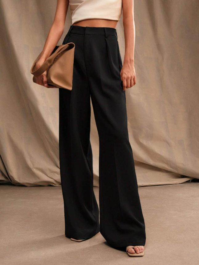 Women High Waist Loose Wide Leg Suit Pants Casual Office Trousers S чёрный