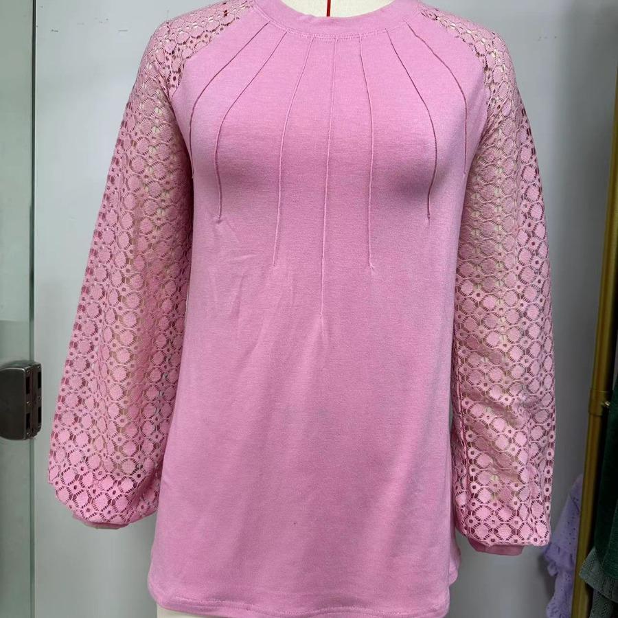 Autumn Winter Lace Patchwork Sleeves T Shirts Fashion Elegant Long Sleeves Top Women’s Round Neck Plus Size Loose T-shirt