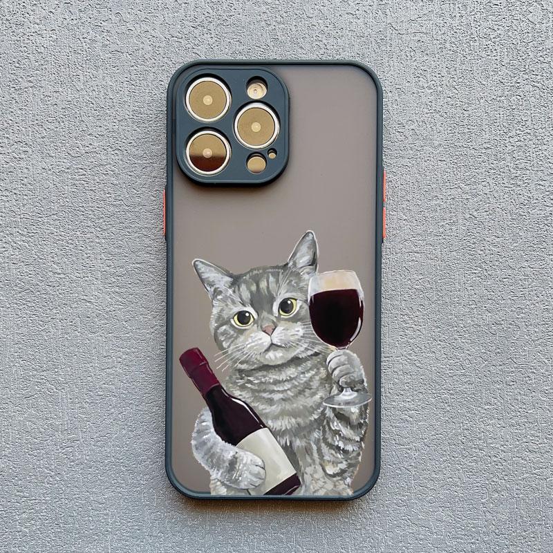 Cute Happy Cat Goblet Red Wine Phone Case For iPhone 15 14 13 Pro Max 16 13 12 11 Pro Max Mini 7 8 15 14 Plus X XS XR Back Cover