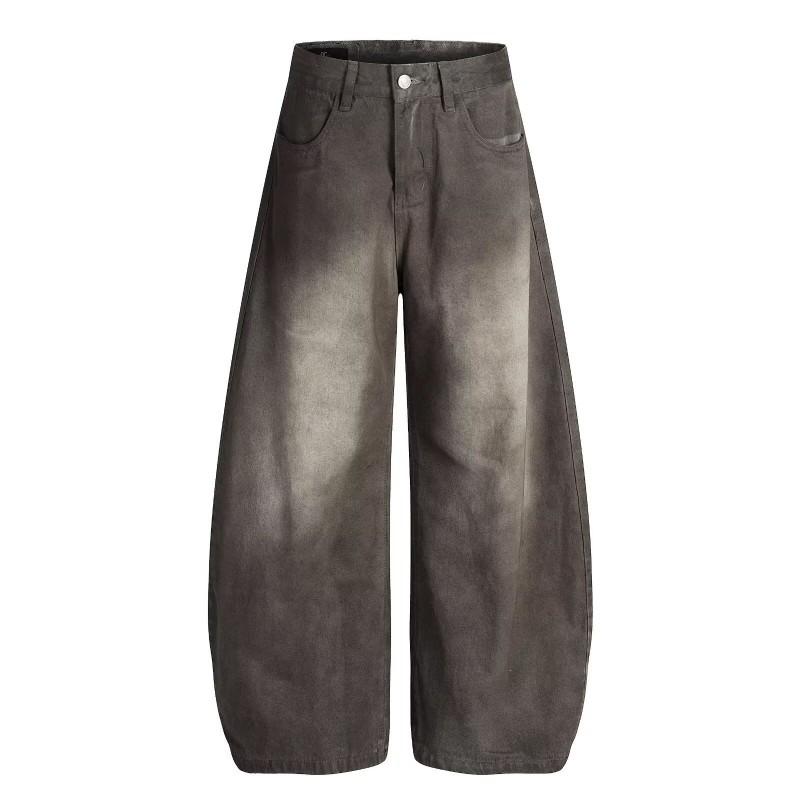 Herren Lockere Gerade Passform Ausgewaschene Used Denim Jeans Schwarz Grau Lässige Streetwear Weite Hosen