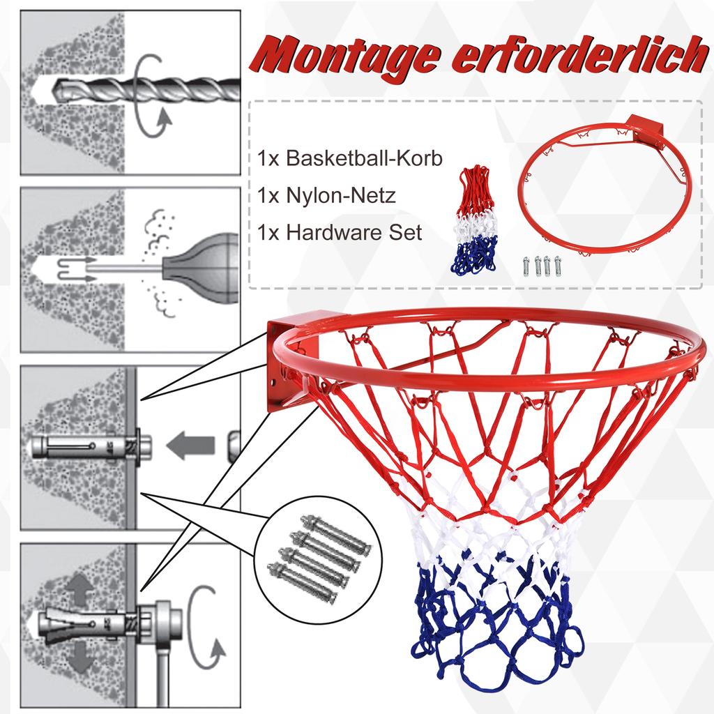 Basketball Hoop, Indoor and Outdoor, 46 cm Rim and Net, Wall Mountable, Red, Blue and White