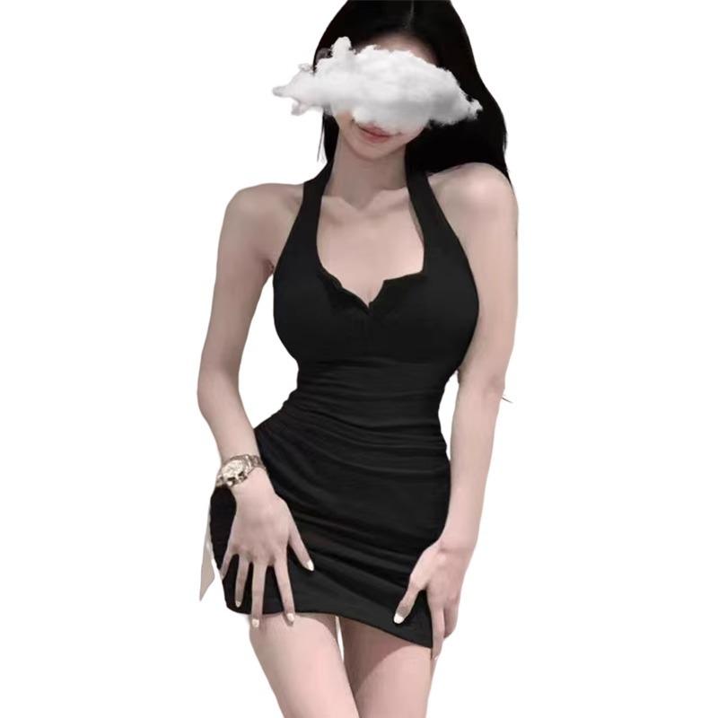 Sexy lingerie neck halter vest dress temperament waist fold tight hip skirt pure lust