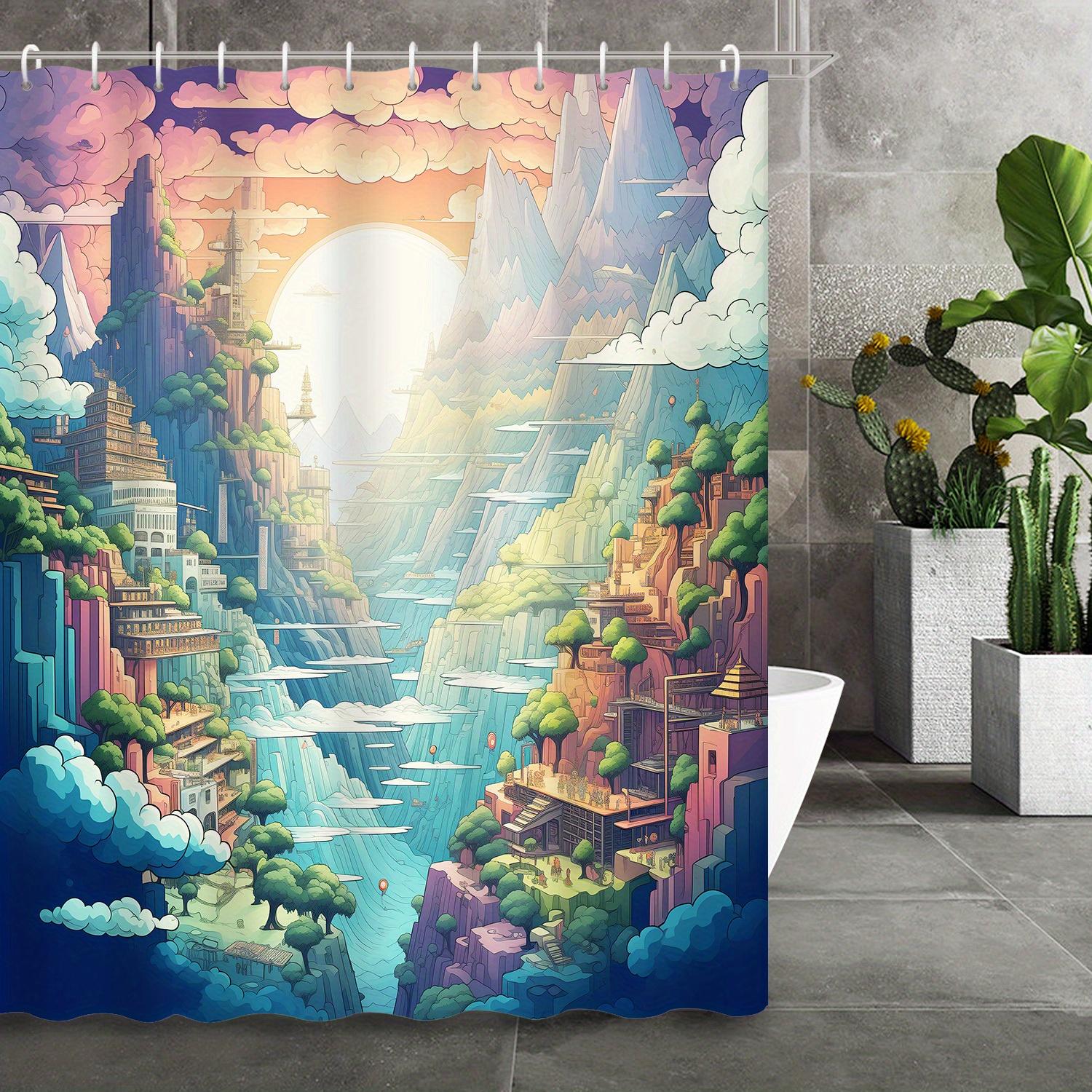 

Vibrant Mountain Sunset Shower Curtain – Waterproof Polyester Abstract Landscape with Waterfall & Clouds, Durable Bath Decor W90xH180cm