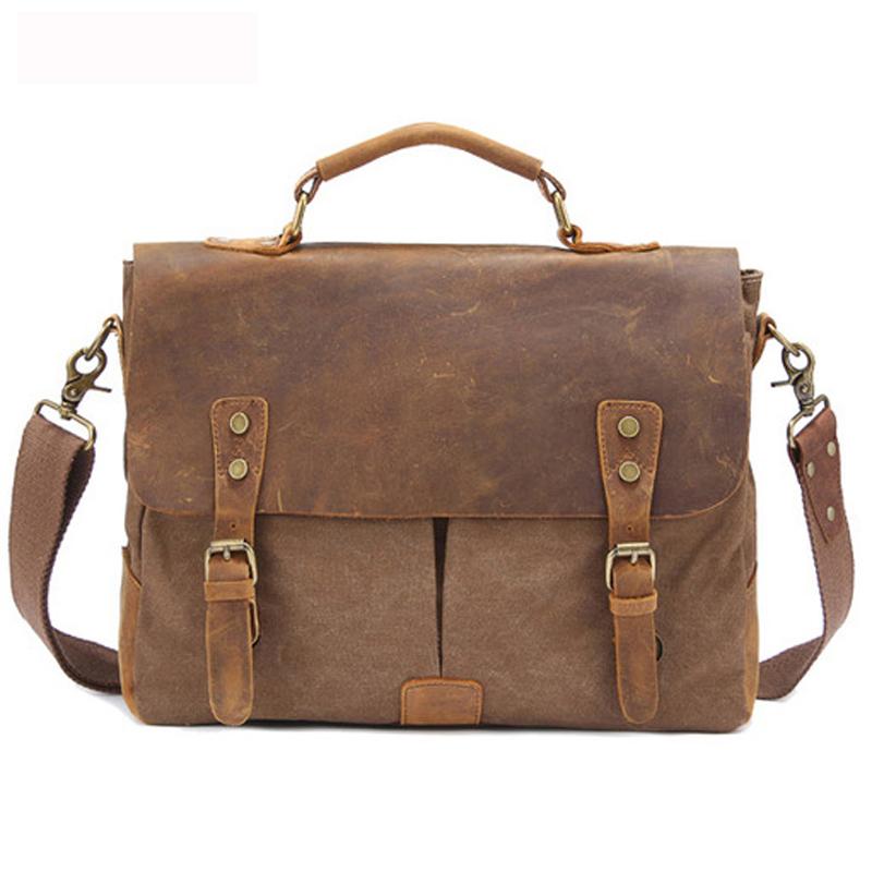 Vintage Leather & Canvas Briefcase for Men, Business Office Portfolio Bag, Document Tote Attache Case