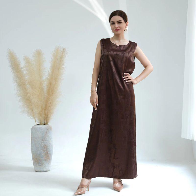 

New Arrival Middle East Dubai Party Pure Color Satin Jacquard Dress Solid Satin Jacquard Dress Coffee tank dress XL