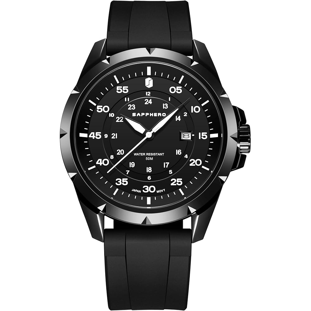 SAPPHERO Men s Analog Watch 50M Waterproof Luminous Silicone Band Date Display Black