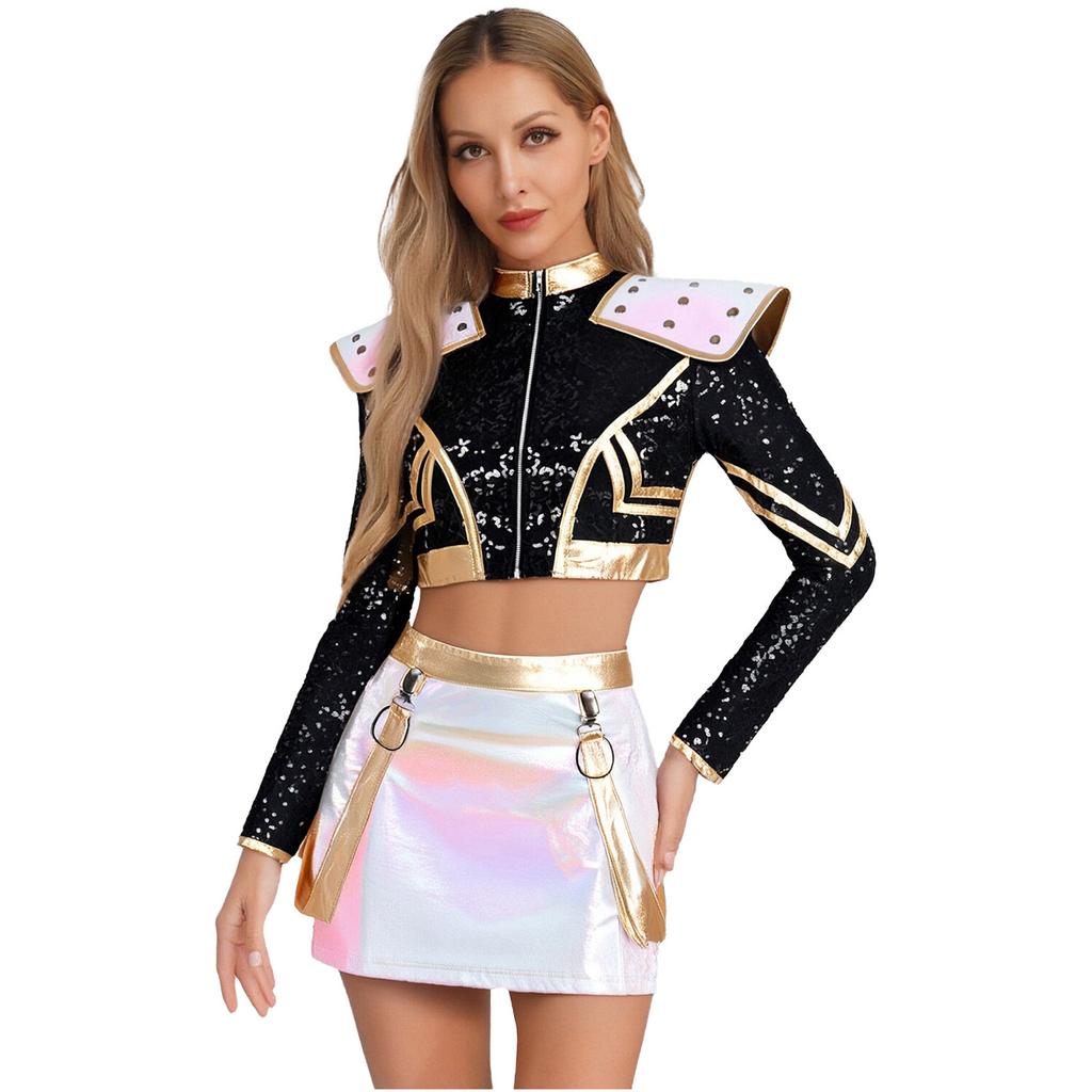 Womens Halloween Cosplay Outfit Long Sleeve Rivet Shoulder Boards Front Zip Sequined Crop Jacket Metallic Shiny Mini Skirt
