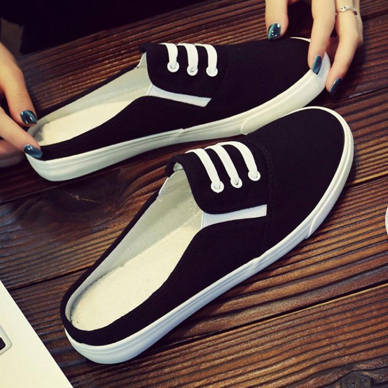 Mules d'été en toile, petites chaussures blanches, étudiante, plates, version coréenne, à enfiler, chaussures paresseuses, femme enceinte, sans talon