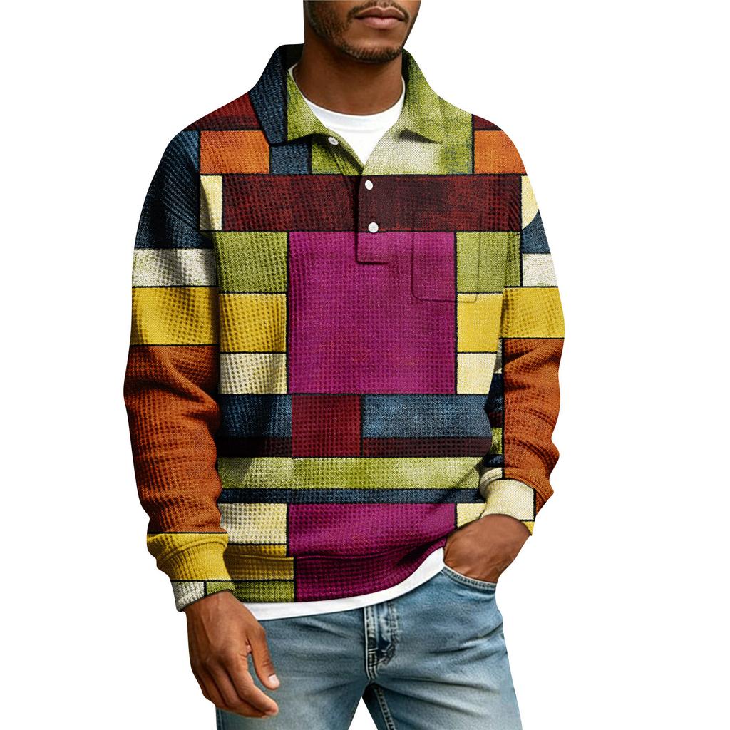 Men's Lapel Printed Single Breasted Pocket Long Sleeve Casual Sports T-Shirt