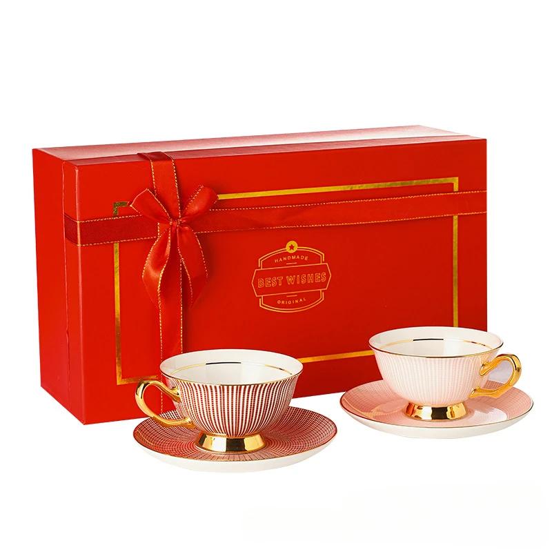 European Bone China Coffee Cup & Saucer Set, Elegant Tea Time Pair Cups, Dishwasher Safe Home Gift Box for Afternoon Tea Decor