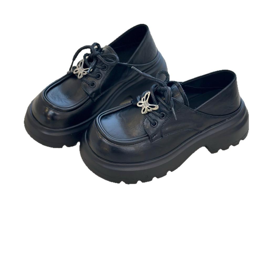 Muffin Plateauschuhe Damen 2025 Herbst neue Damenschuhe Britischer Stil erhöhend schwarz kleine Lederschuhe jk einzelne Schuhe