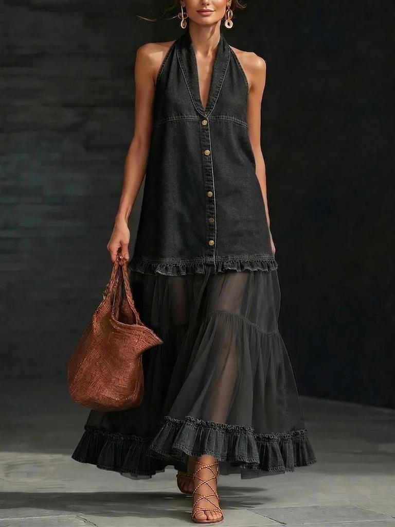 Women Halter Neck Denim Mesh Patchwork Maxi Dress Button Front Ruffle Hem Summer Dress