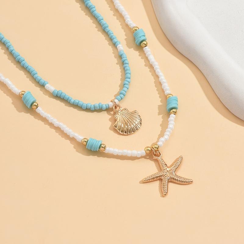 Bohemian Fashion Bead Starfish Imitation Shell Pendant Double Layered Necklace, Women's Ocean Style Party Accessory Gift