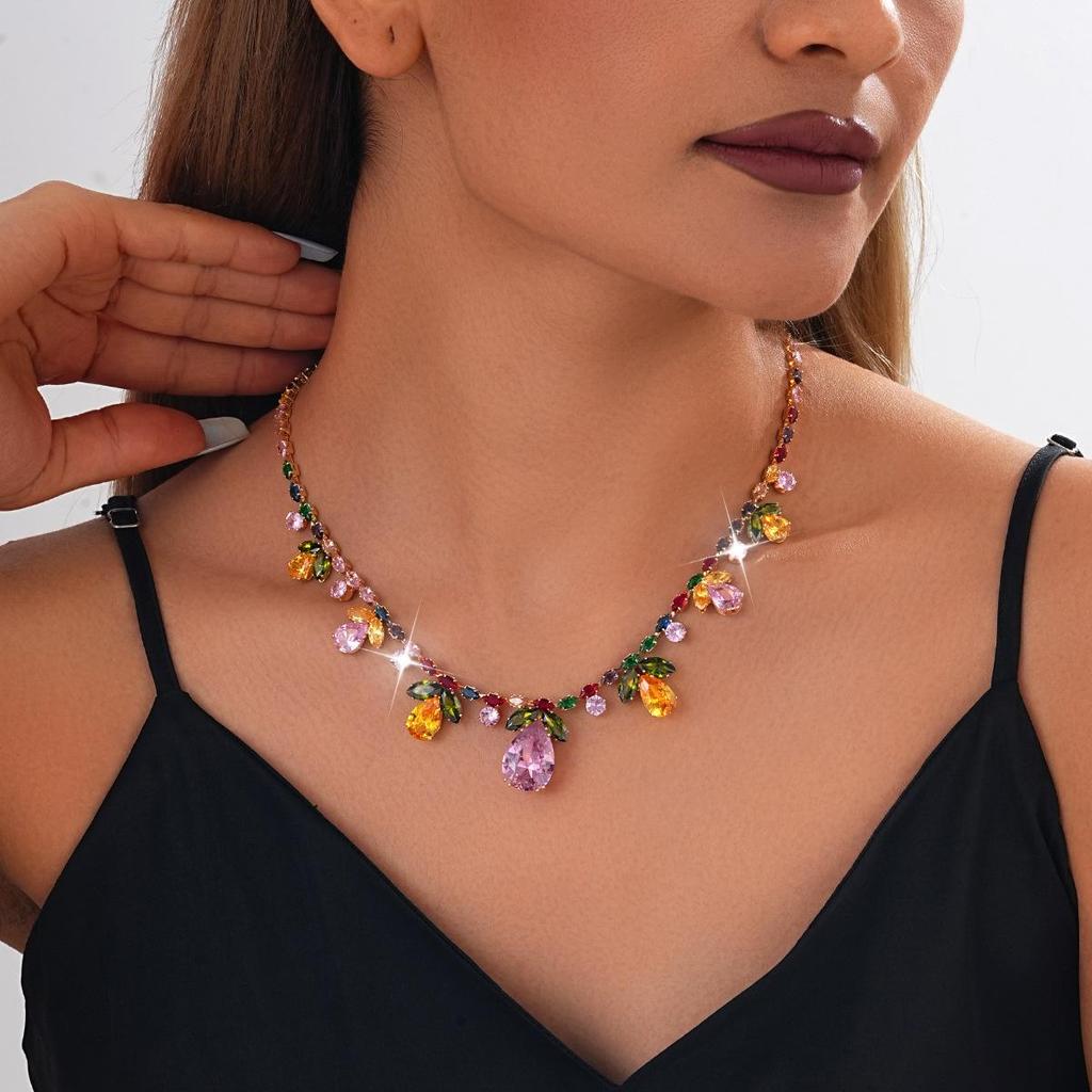 European-American Rhinestone Teardrop Necklace & Earring Set: Korean-Style Bridal Temperament Collarbone Chain Jewelry for Women