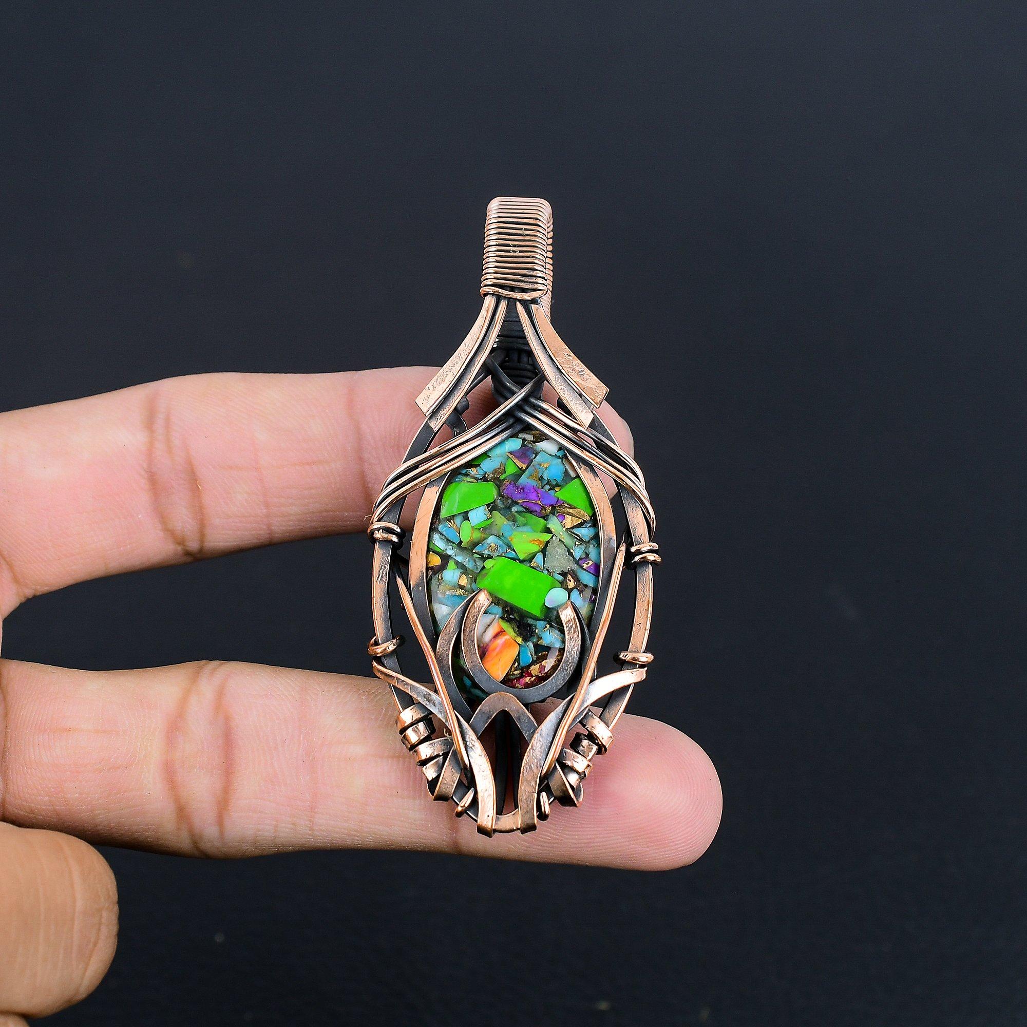 

Fiesta Kingman Turquoise Pendant, 999 Copper Wire Wrapped Gemstone Jewelry, Handmade Pendant, For Wedding Gift 2.55 Inches