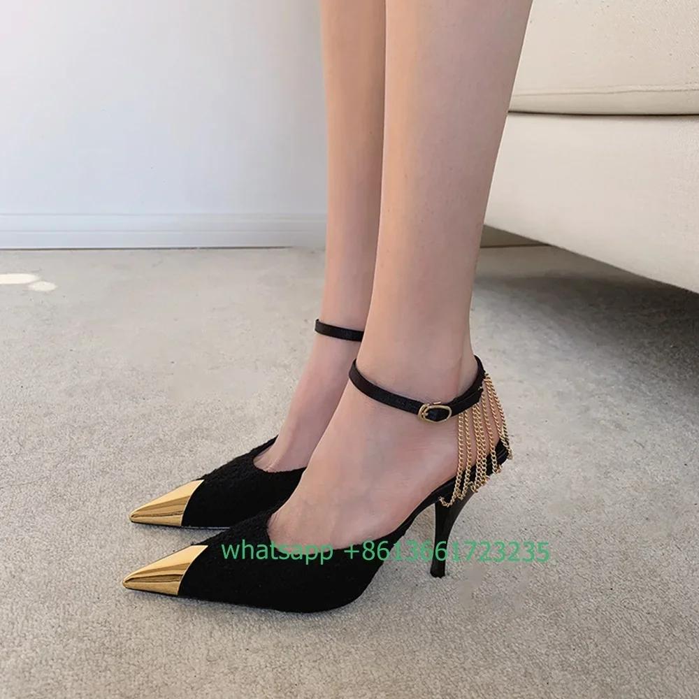 

Metal Pointed Suede Sandals Stiletto Back Chain Ankle Strap Women High Heels 2025 Summer New Sandals Party Banquet Shoes 43