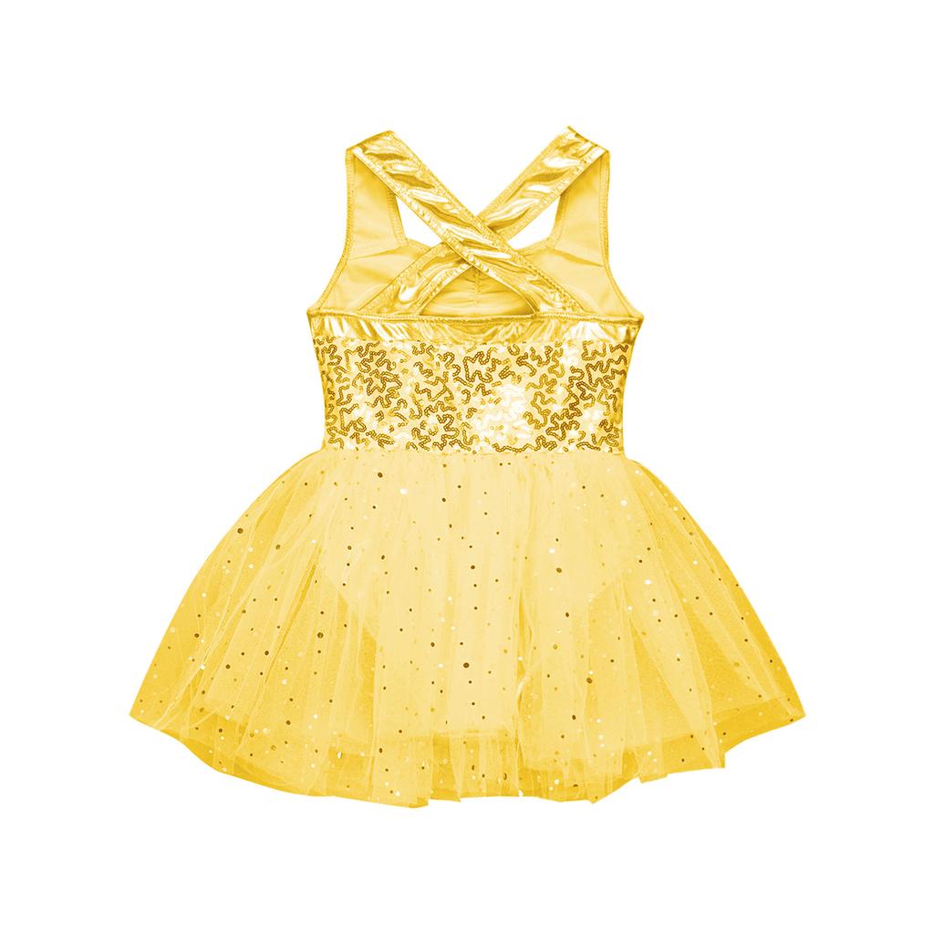 Girls Sleeveless Dance Dress with Shiny Sequins Crisscross Back and Tutu Mesh Skirt