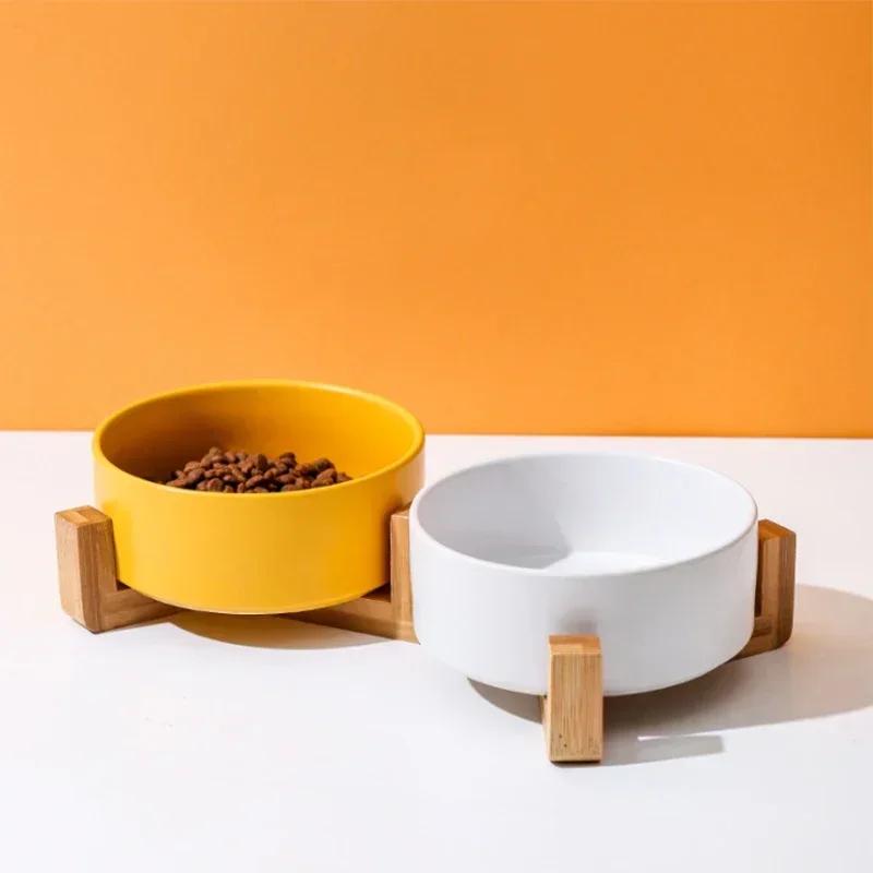 Wooden Rack Ceramic Pet Double Bowl Integrated Eating Drinking Basin No Spill Feeder For Small Cats Dogs Neck Care Pet Supplies