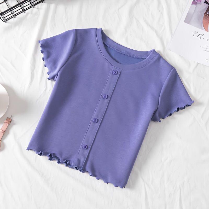 Girls' Thin Short-sleeved T-shirt Summer Children's Casual Loose Medium and Small Children's Solid Color Short-sleeved Top