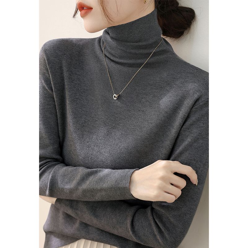 High-Grade Slim fit Pullover Pea Green Inner wear Base Women clothes Simple Pile Collar Spring Long sleeve Knit Top