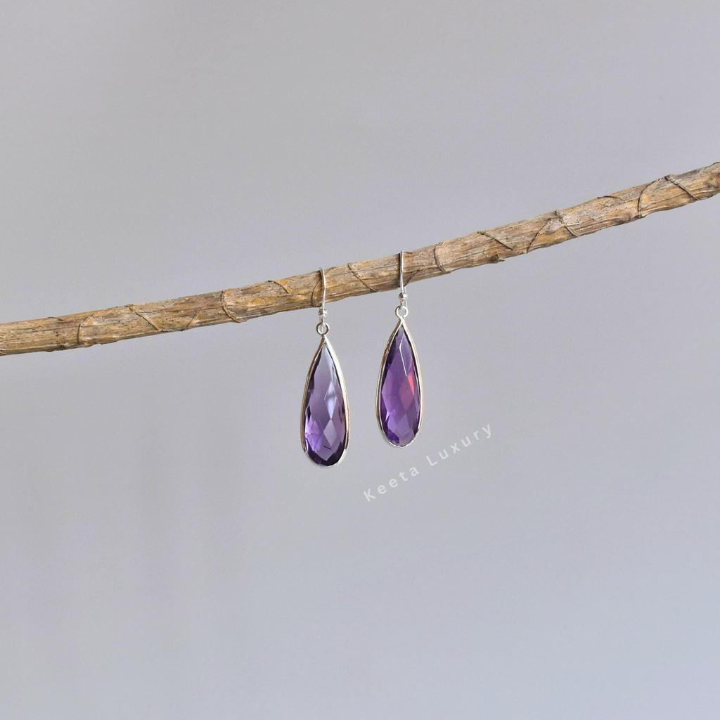 Natural Amethyst stylish Dangle , Sterling silver long earrings, Teardrop gemstone bohemian simple jewelry for Women, Unique cute gift ideas