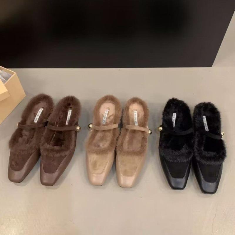 Fashion Hot Selling Shallow Mouth Square Toe Shoe Woman 2025 Elegant Casual Female Sneaker Flats Loafers Fur New Winter On Heels Stretch