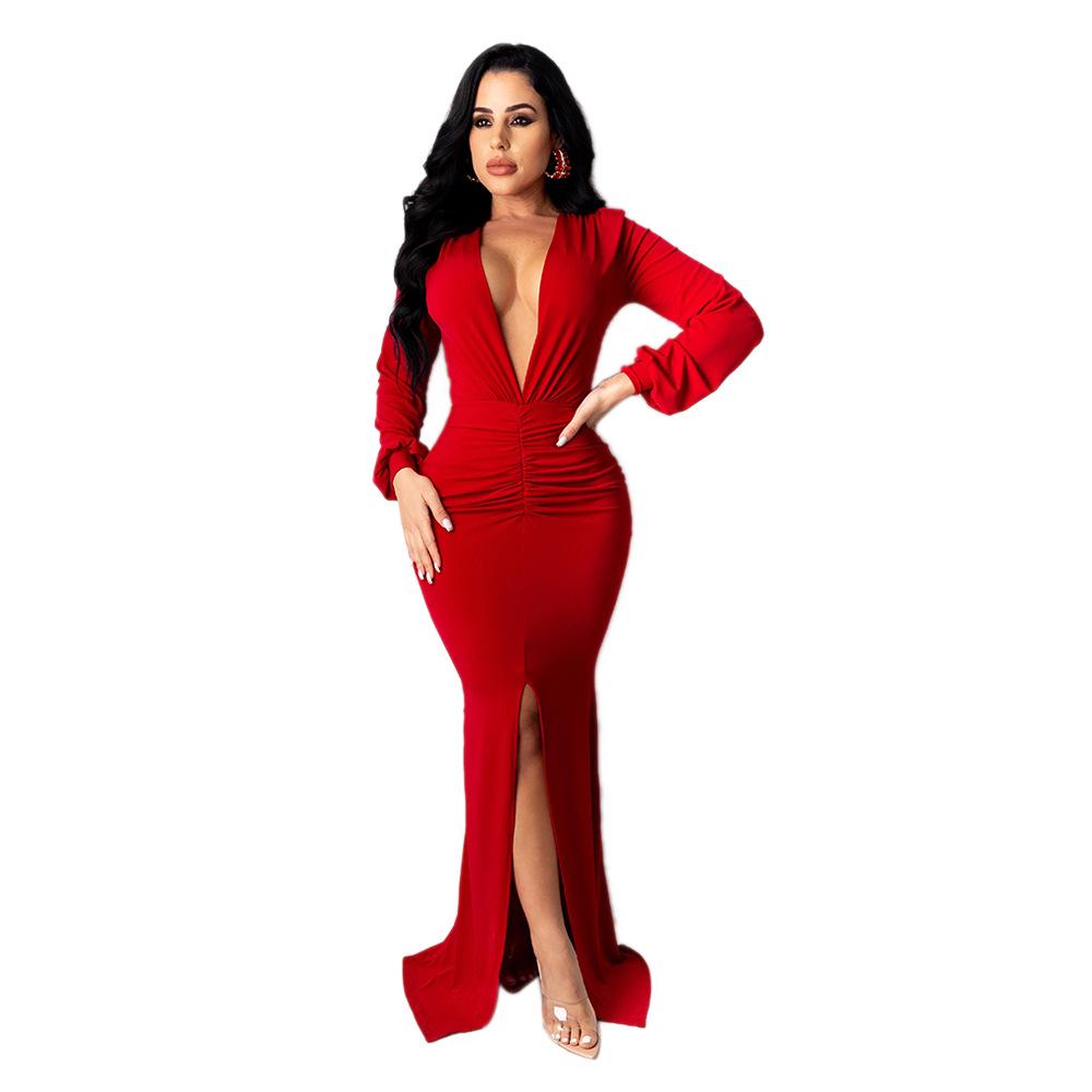 Solid Color V-Neck Slim Sexy Women's Evening Gown
