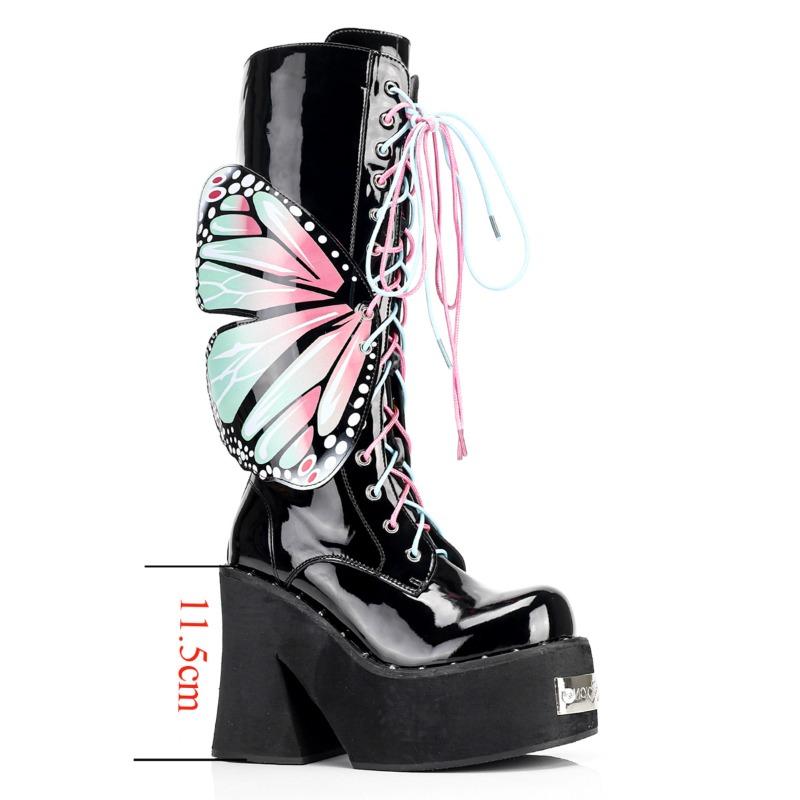 Fashion Women's Dark Platform Locomotive Boot Punk Style Knee Boot Fashion Colored Wings Butterfly Mid Boot Women Tide Boots Boats Mujer