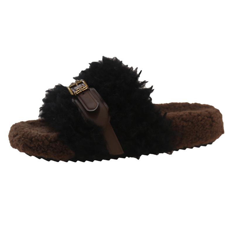 Moda 2025 Zapatos de Deslizamiento de Piel de Cordero de Lujo para Mujer Suela Gruesa Cinturón con Hebilla Zapatilla de Felpa Sandalias Mula con Plataforma de Pelo Rizado Teddy para Mujer Invierno