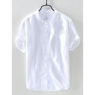 Men's Linen Short-Sleeve Stand Collar Shirt - Breathable Casual Loose-Fit Button-Down Top