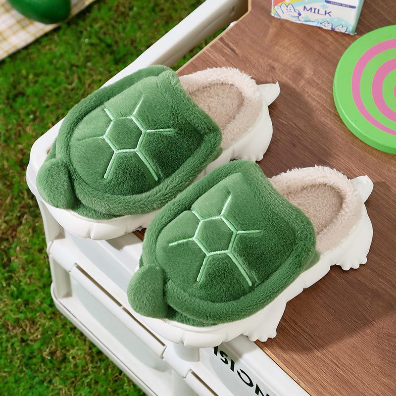 Creative Cute Turtle Cotton Slippers for Kids - Warm, Plush, Thick-Soled Winter Indoor Shoes